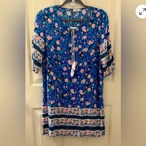 M Women's Blue Pink White Floral Shift Casual Dress